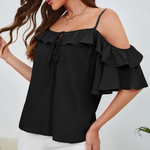 Boho cold shoulder knot front ruffle hem blouse - Picture 6 of 16